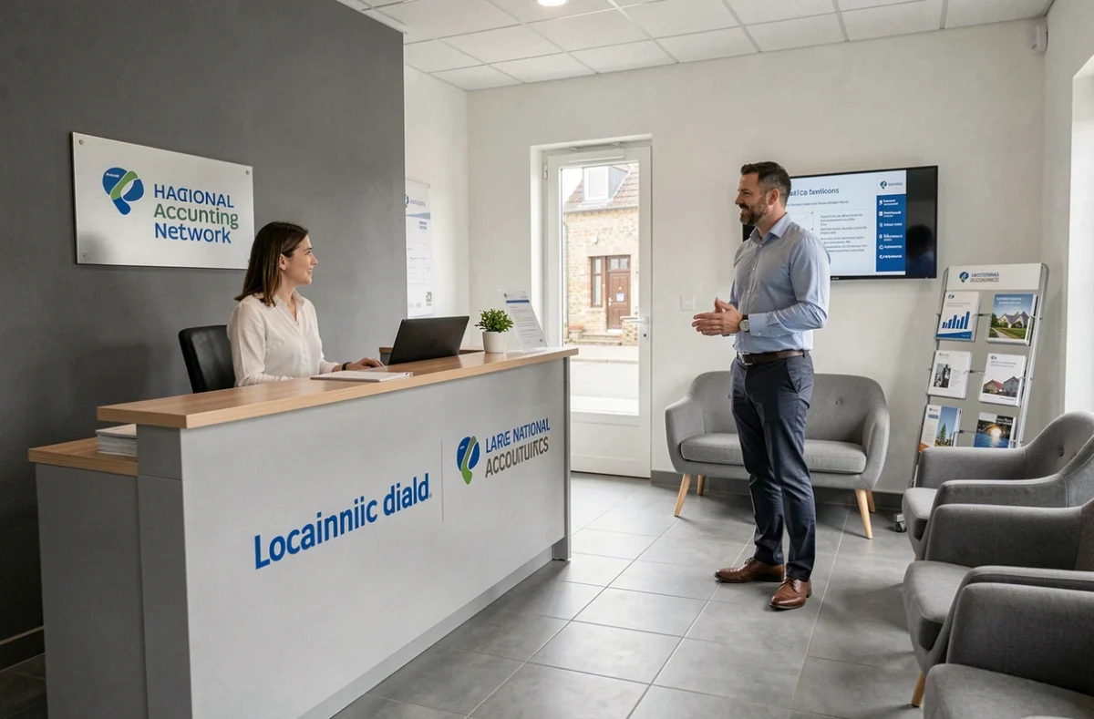 Accueil professionnel d'une agence Fiducial dans le Calvados avec personnel et client en interaction