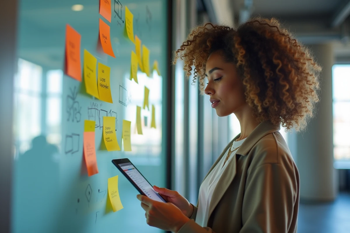 Jeune femme cr&eacute;ative avec notes et tablette dans un espace urbain