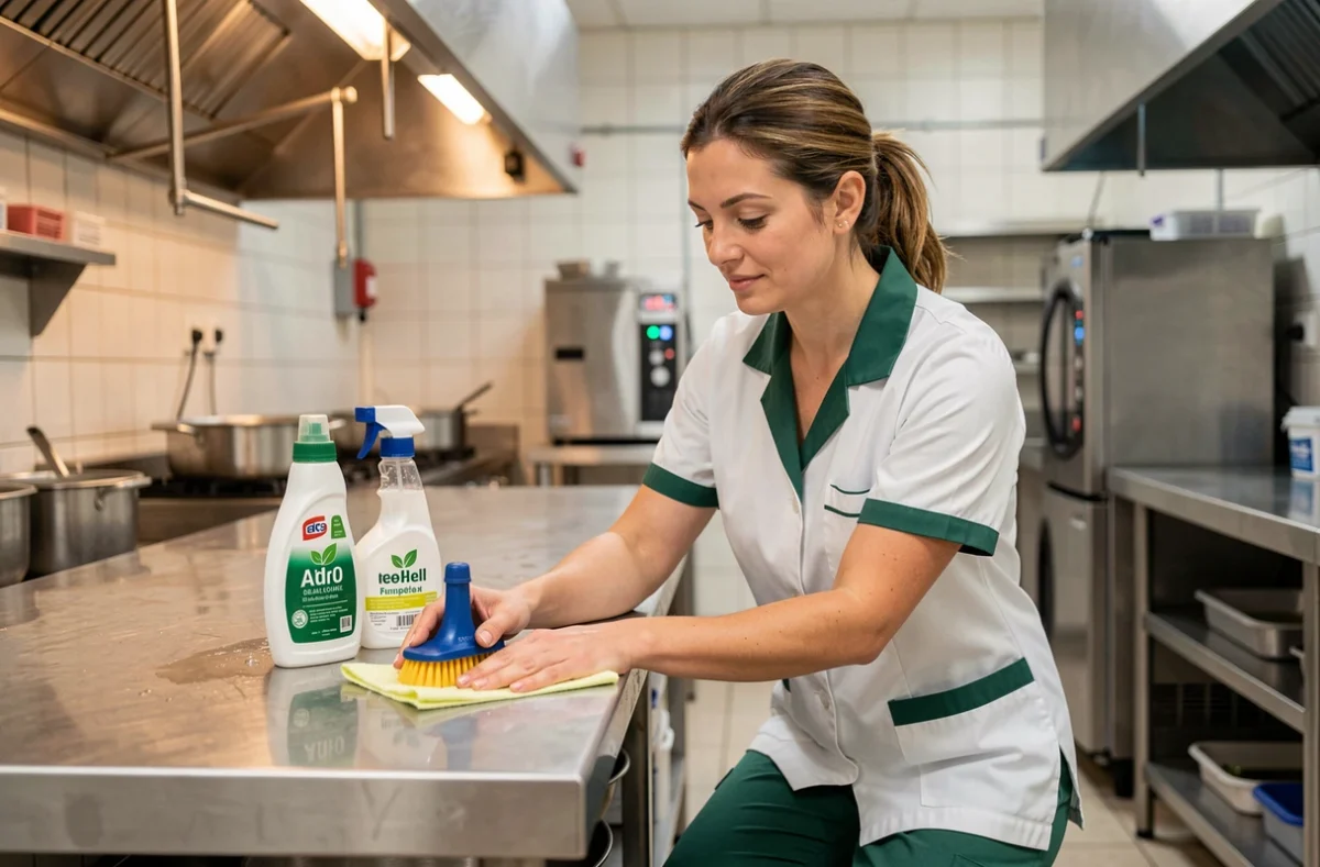 Technicienne de Fily Nettoyage nettoyant une cuisine professionnelle avec des produits écologiques