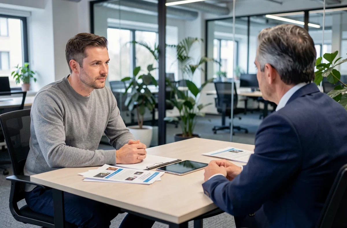 Formateur indépendant en discussion avec un conseiller d'une société de portage salarial