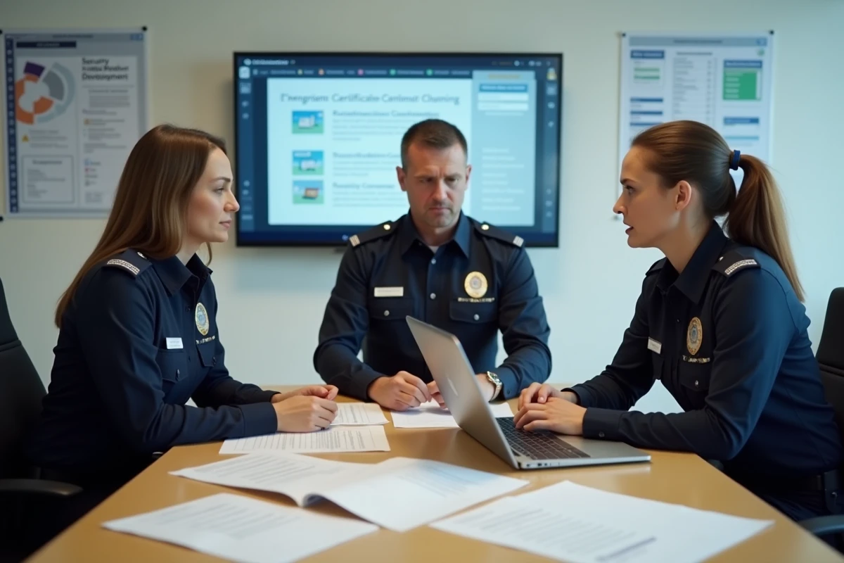 Groupe de professionnels de la sécurité privée en session de formation certifiante autour d'une table avec documents CNPAS