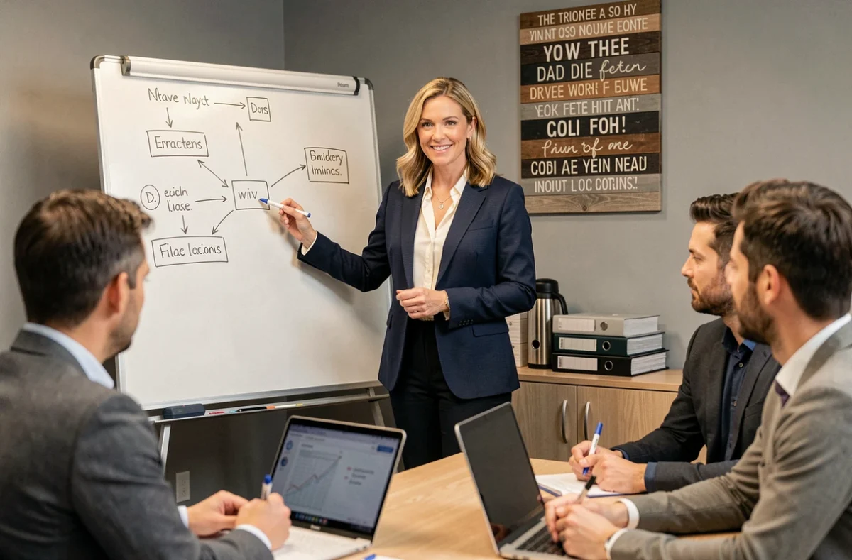 Formatrice expliquant le plan de connexion BI à des collaborateurs sans jargon technique sur un tableau blanc