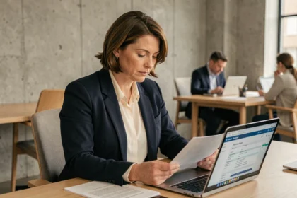 Formatrice indépendante en portage salarial étudiant un contrat dans un espace de coworking moderne