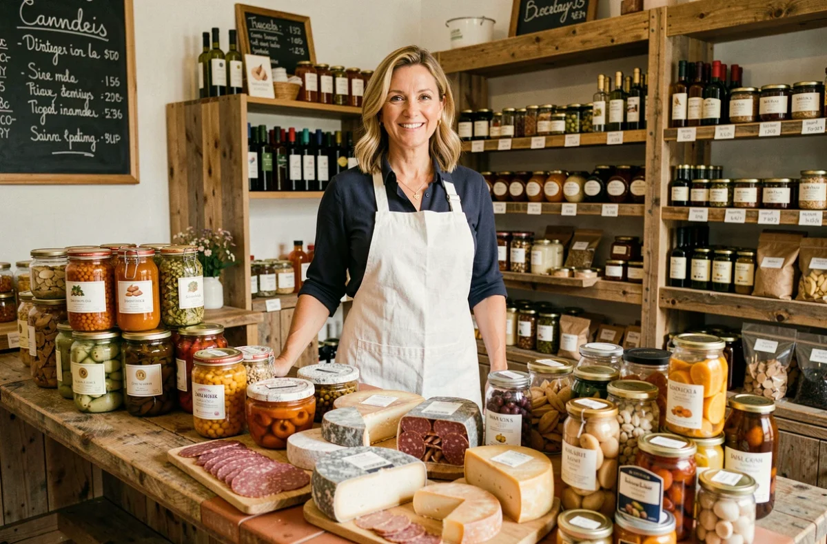 Propriétaire d'une franchise épicerie fine souriante derrière son comptoir de produits artisanaux dans une boutique au décor en bois chaleureux