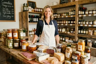 Propriétaire d'une franchise épicerie fine souriante derrière son comptoir de produits artisanaux dans une boutique au décor en bois chaleureux