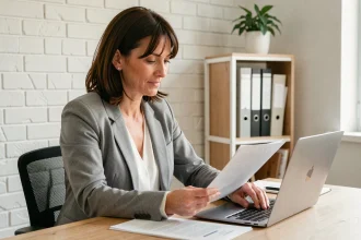 Femme freelance administrative travaillant depuis son bureau à domicile, consultant des documents professionnels sur ordinateur portable