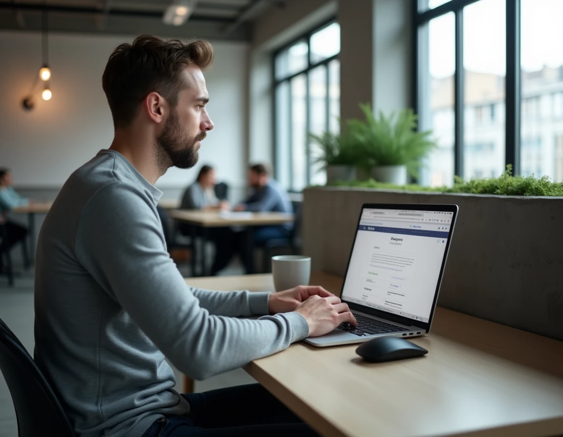 Freelance masculin utilisant un générateur de devis en ligne dans un espace de coworking moderne pour éviter les retards de paiement