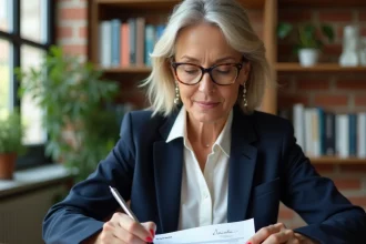 Freelance femme d'affaires révisant un devis avec des clauses de paiement annotées à la main sur son bureau à domicile
