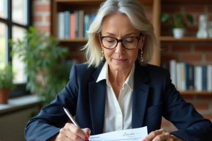 Freelance femme d'affaires révisant un devis avec des clauses de paiement annotées à la main sur son bureau à domicile