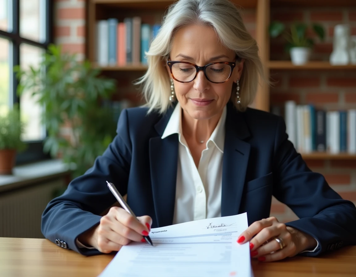 Freelance femme d'affaires révisant un devis avec des clauses de paiement annotées à la main sur son bureau à domicile