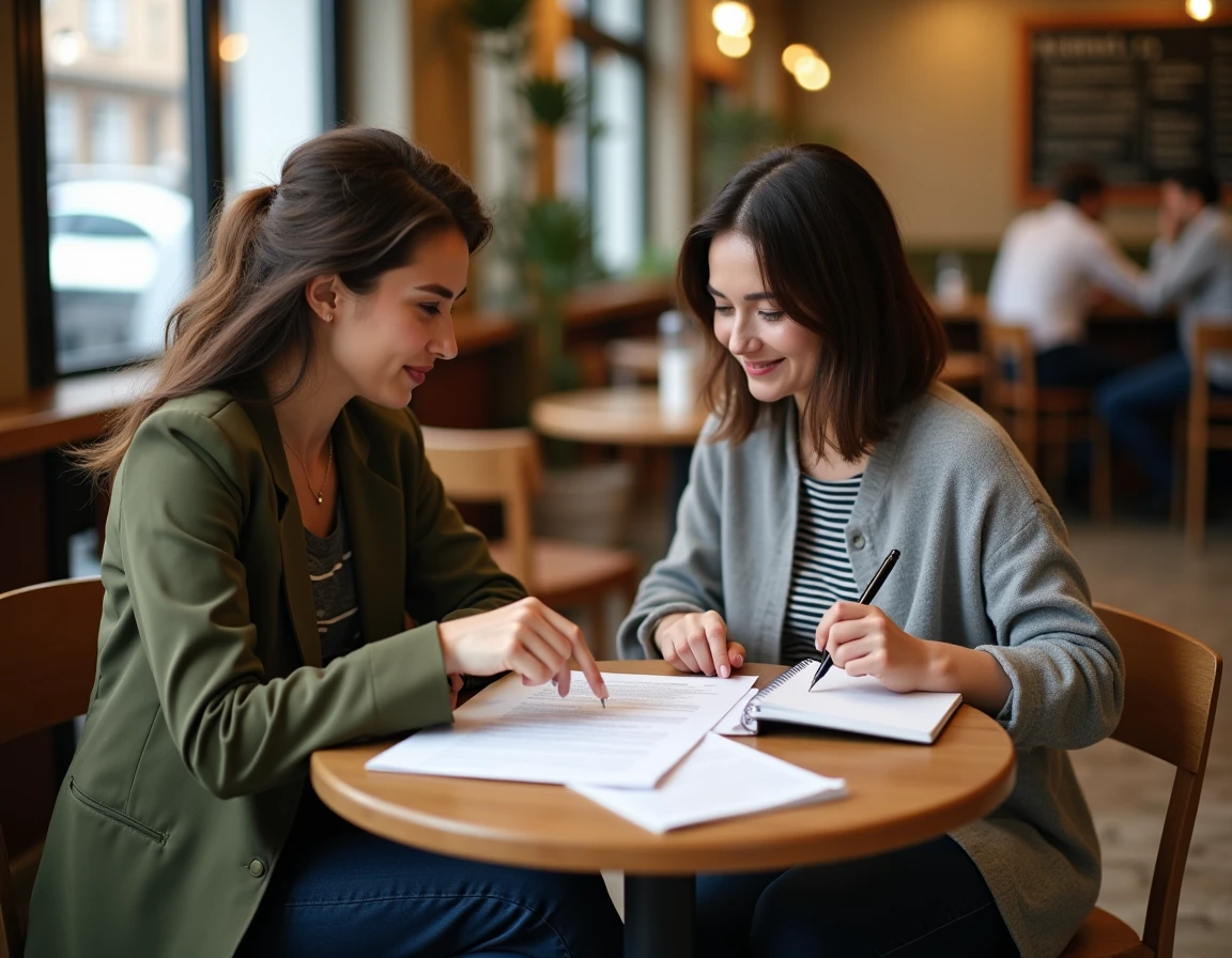 Deux freelances discutant des clauses d'un devis professionnel dans un café pour prévenir les retards de paiement clients