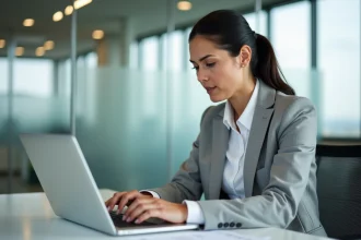 Femme professionnelle consultant des documents RH numériques sur un ordinateur portable dans un bureau moderne
