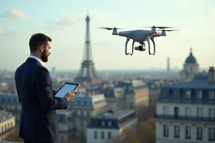Manager logistique regardant un drone atterrir à Paris