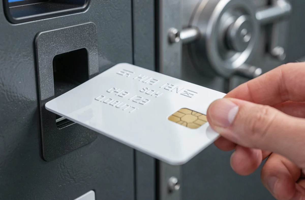 Gros plan d'une carte d'accès JKV posée près d'un lecteur de carte devant une porte sécurisée à mécanisme de verrouillage
