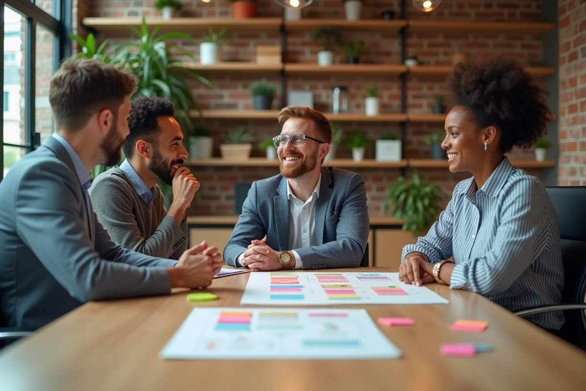 Groupe de jeunes entrepreneurs en réunion dans un espace collaboratif