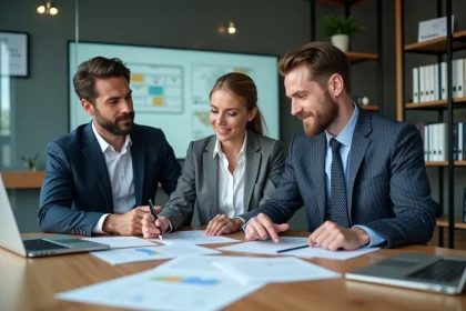 Trois consultants en r&eacute;union autour d'une table de travail