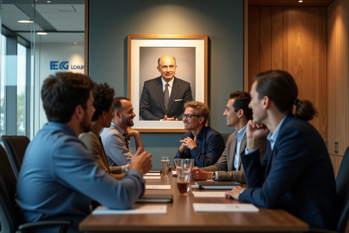 Groupe d’employés de transport autour d’une photo vintage
