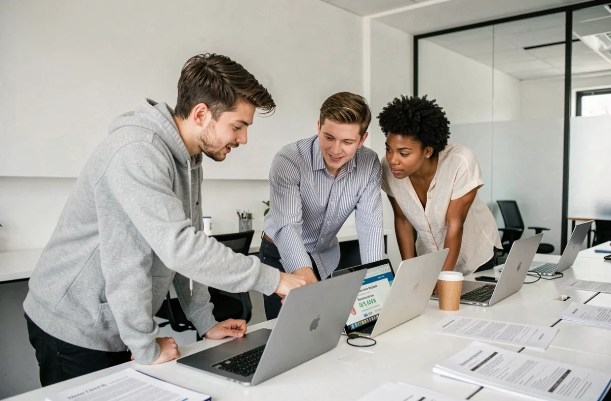 Groupe de jeunes entrepreneurs discutant d'un abonnement gratuit au Journal des Entrepreneurs devant un écran d'ordinateur dans un bureau startup