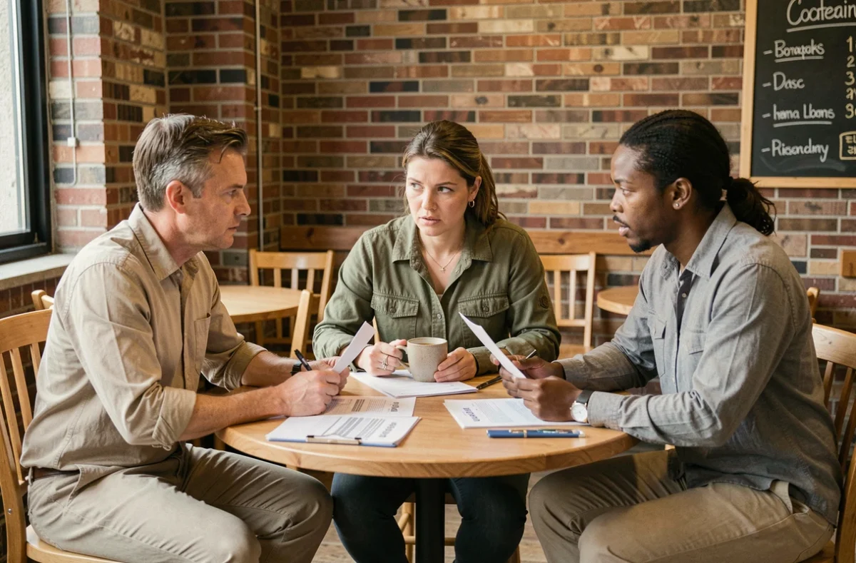 Groupe de nouveaux entrepreneurs discutant de leur projet d'entreprise autour d'une table de café avec des documents imprimés