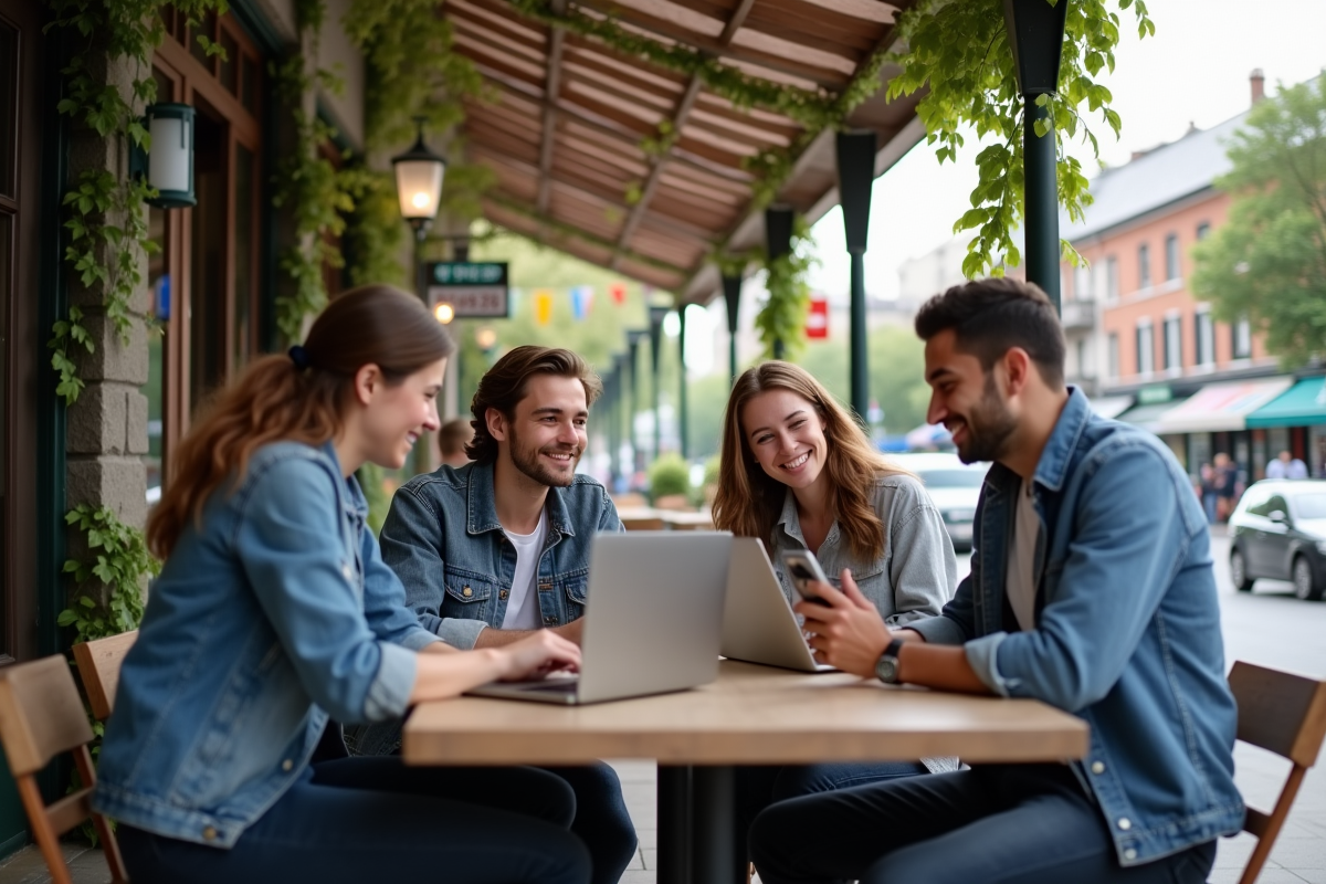Jeunes adultes discutant autour d une table en ville