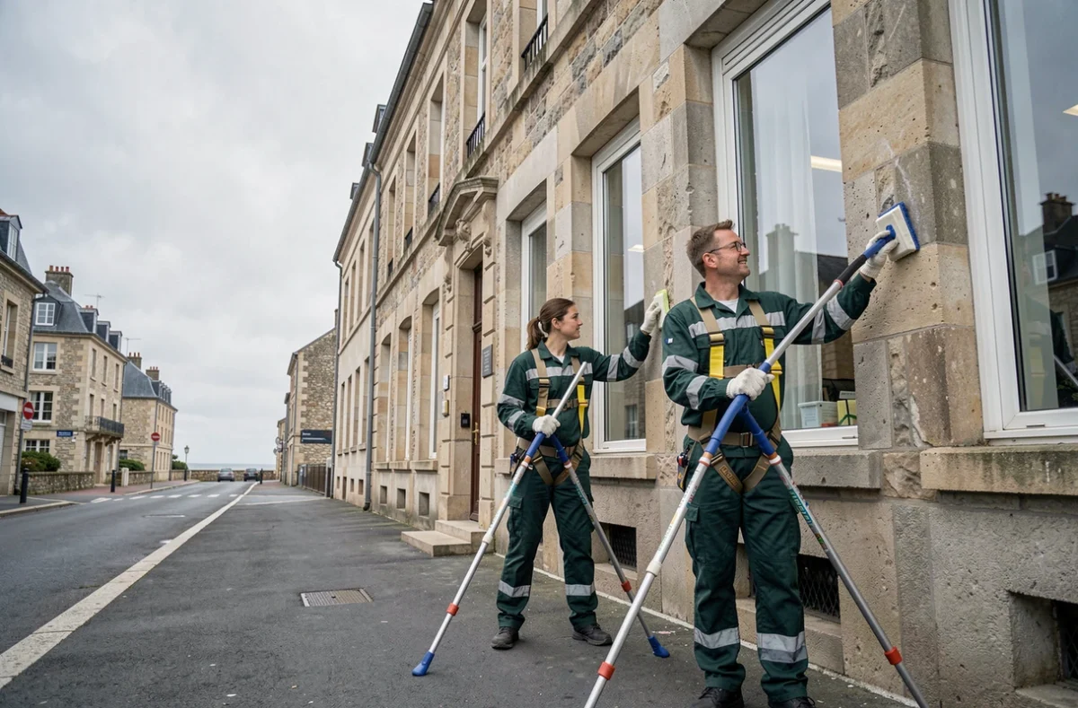 Agents du Groupe Ouest Propreté nettoyant les vitres d'un bâtiment commercial en Bretagne