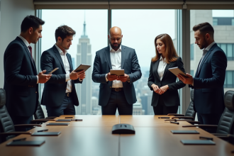 Groupe de jeunes professionnels en réunion dans un bureau moderne