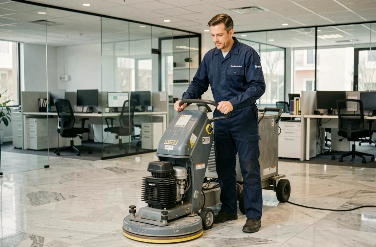 Agent de nettoyage GSF Bretagne utilisant une machine à polir dans un bureau professionnel