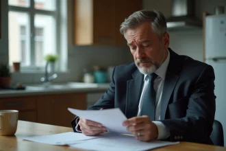 Homme d'affaires en réflexion avec documents à la maison