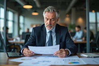 Homme d'affaires en costume examine des documents au bureau