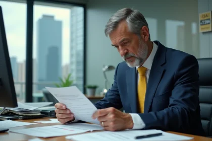 Homme d'affaires en costume examine des documents de taxi