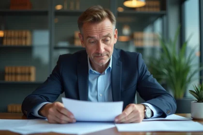 Homme d'affaires en costume lisant des documents officiels