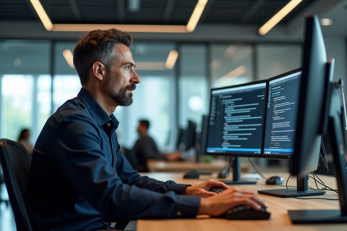 Homme analysant des témoignages d'utilisateurs sur un forum dédié à Dirvox dans un espace de coworking