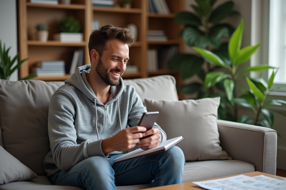 Homme décontracté travaillant à domicile avec smartphone et carnet