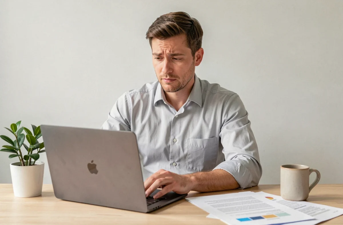Homme consultant un modèle de lettre de démission sur son ordinateur portable à domicile