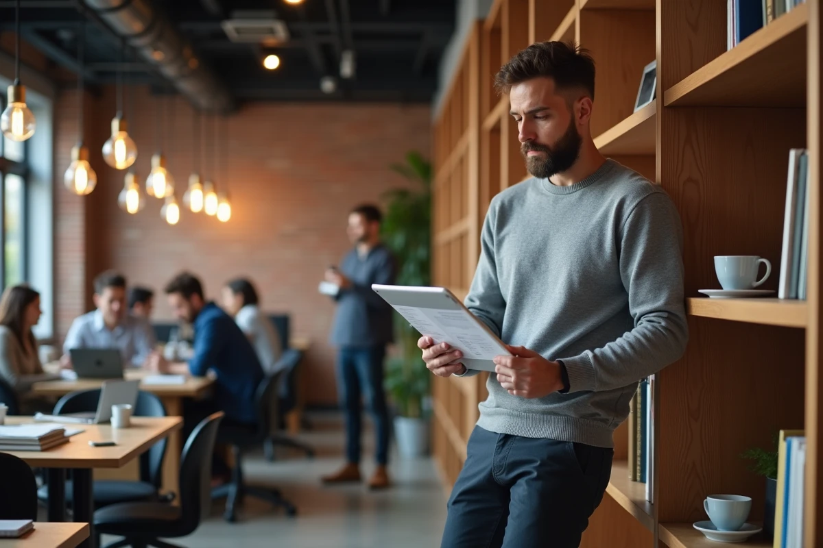 Homme en co-working consultant un site de veille médiatique sur tablette entre livres et rapports