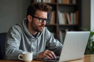 Homme frustré devant un ordinateur portable affichant une erreur de connexion Planbi à son bureau à domicile
