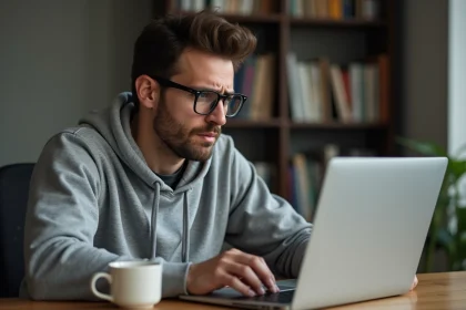Homme frustré devant un ordinateur portable affichant une erreur de connexion Planbi à son bureau à domicile