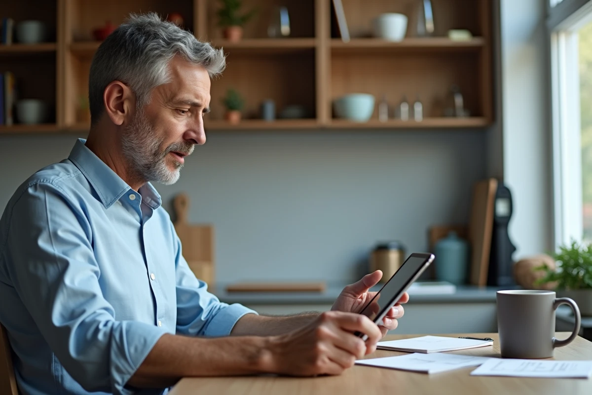 Homme en cuisine consulte des documents sur le télétravail