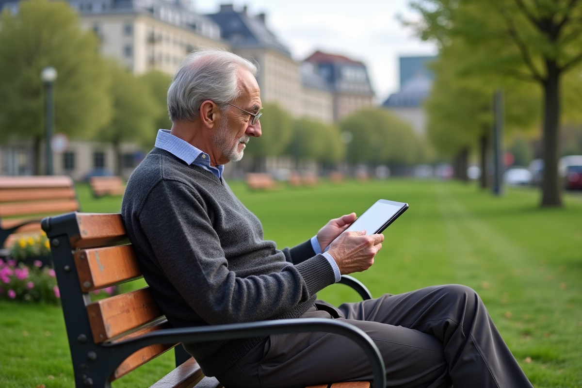 Homme âgé lisant une affiche interactive dans un parc urbain