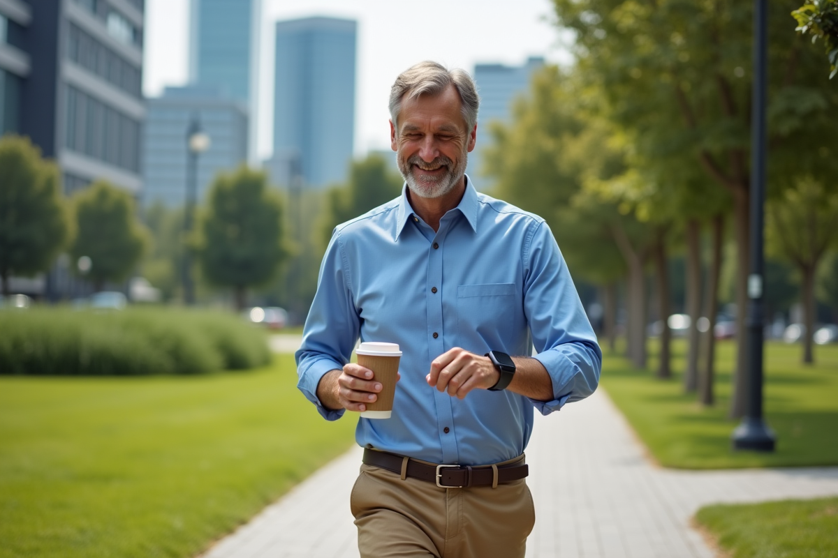 Homme marche dans un parc urbain en vérifiant sa montre