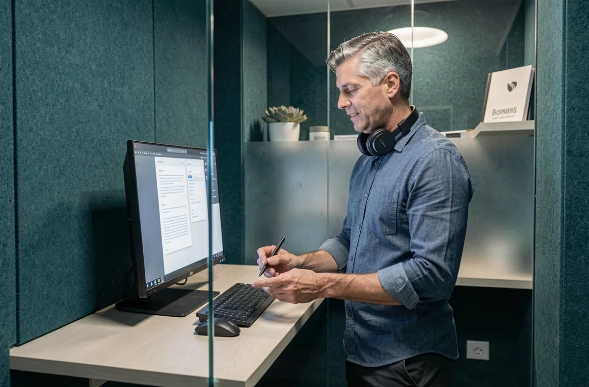 Professionnel masculin dans un pod de bureau privé d'un espace de coworking haut de gamme à Bruxelles