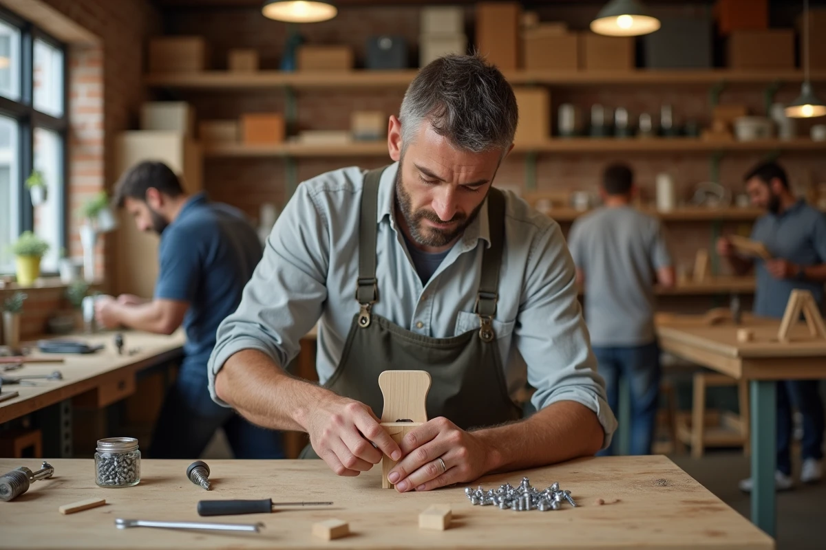 Homme réparant une chaise en bois dans un atelier communautaire