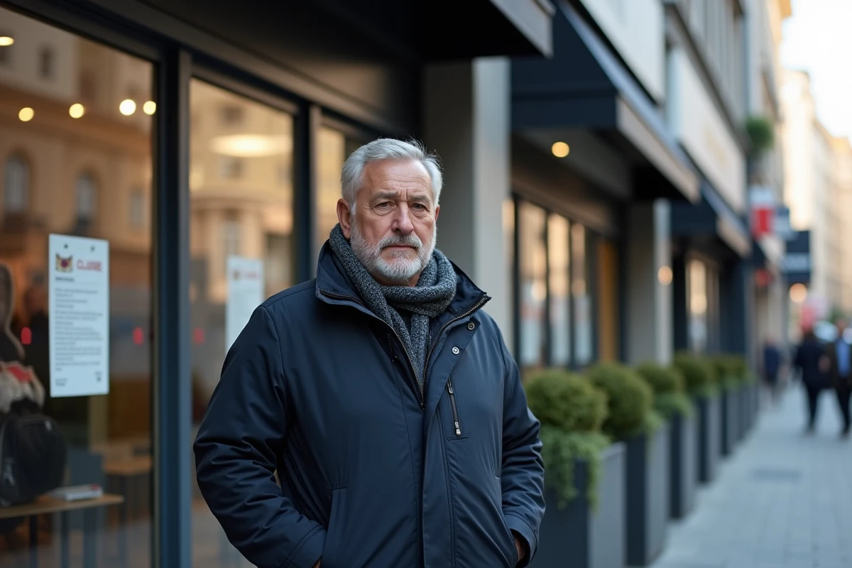 Homme d'âge moyen devant un magasin fermé avec avis de fermeture