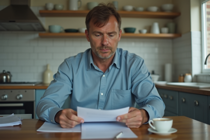 Homme d'&acirc;ge moyen relisant des documents dans la cuisine