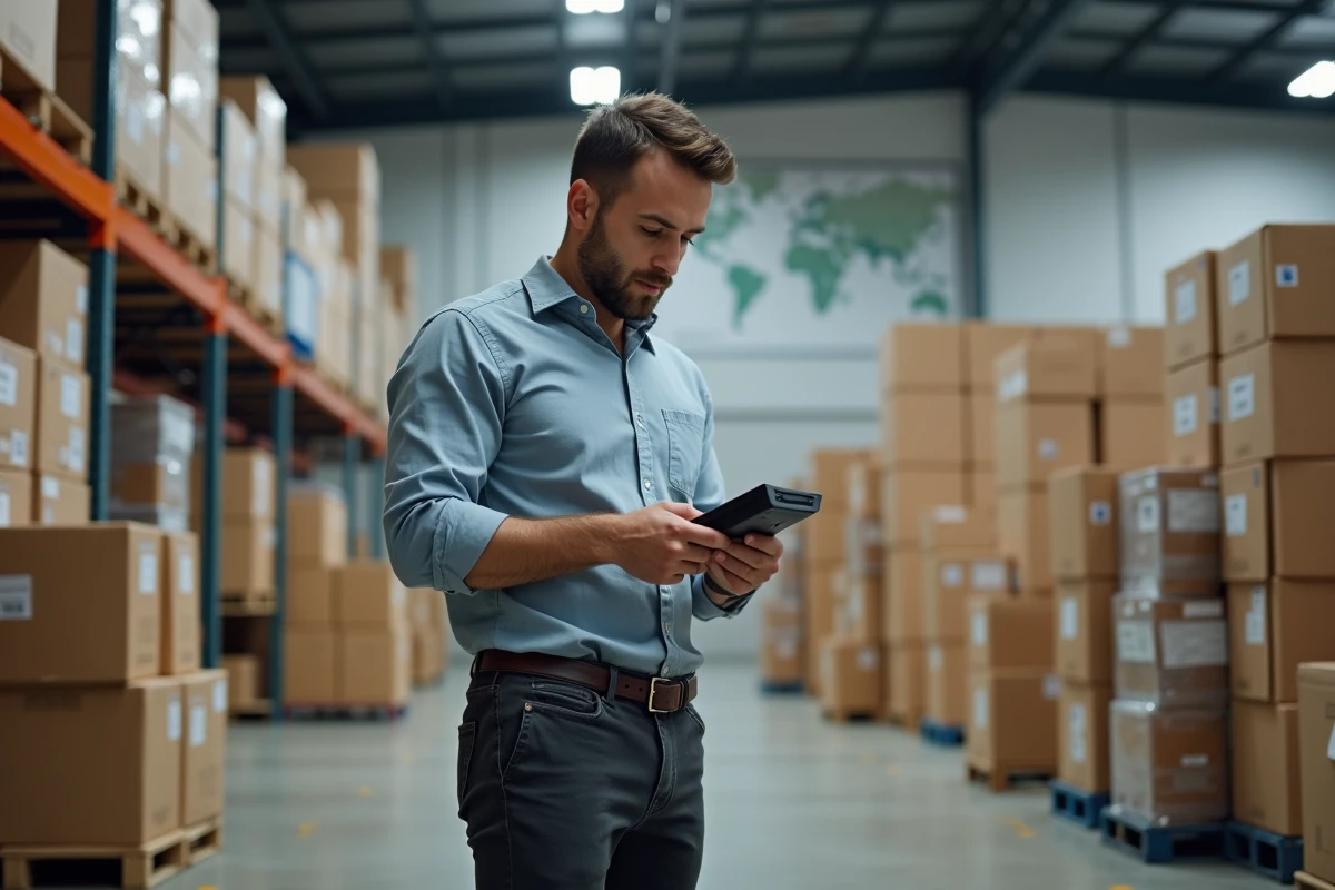 Jeune homme utilisant un scanner de livraison dans un centre postal