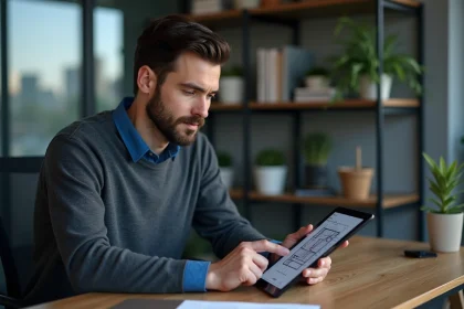 Homme concentr&eacute; regardant un sch&eacute;ma complexe sur un bureau moderne