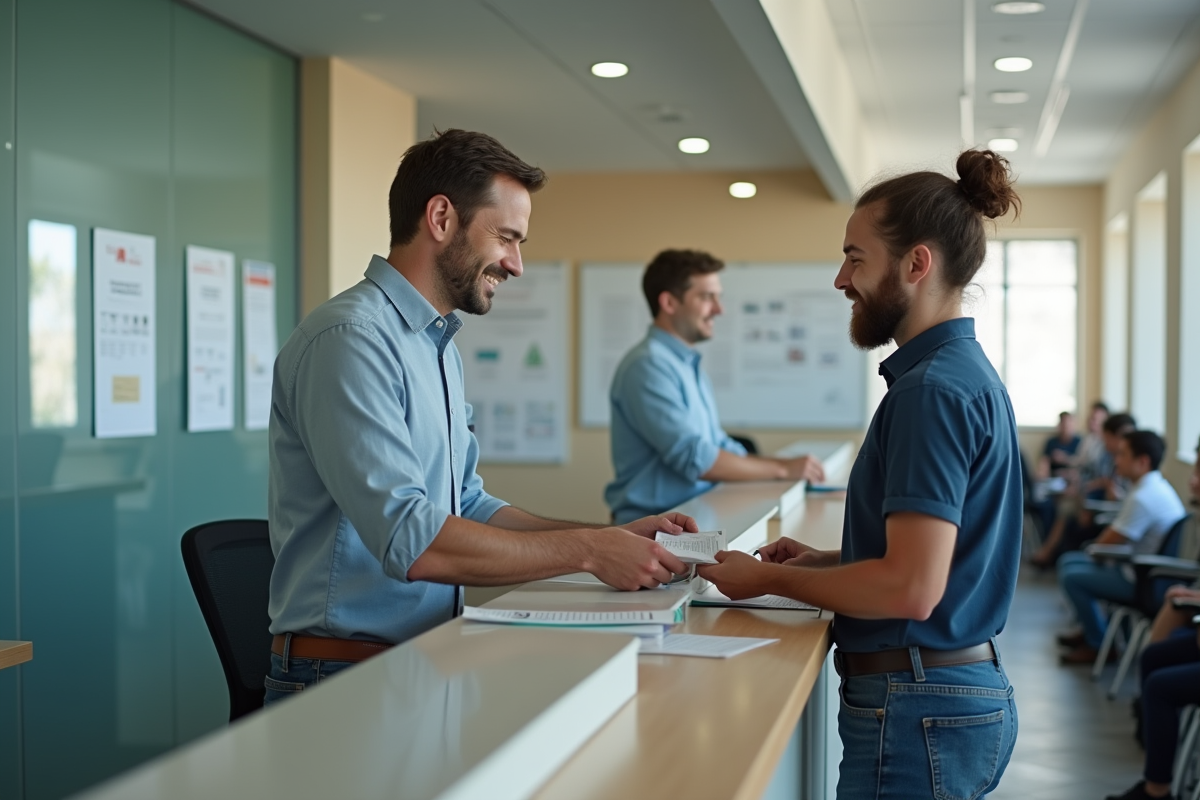 Homme remettant des documents dans un centre d