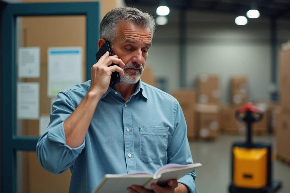 Homme d affaires au téléphone dans une salle de pause d un centre de livraison