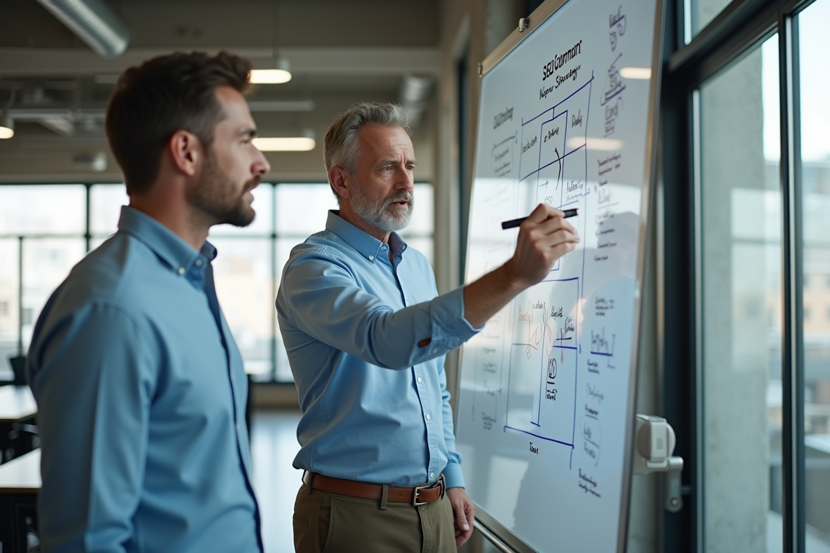 Homme expliquant stratégie SEO devant tableau blanc