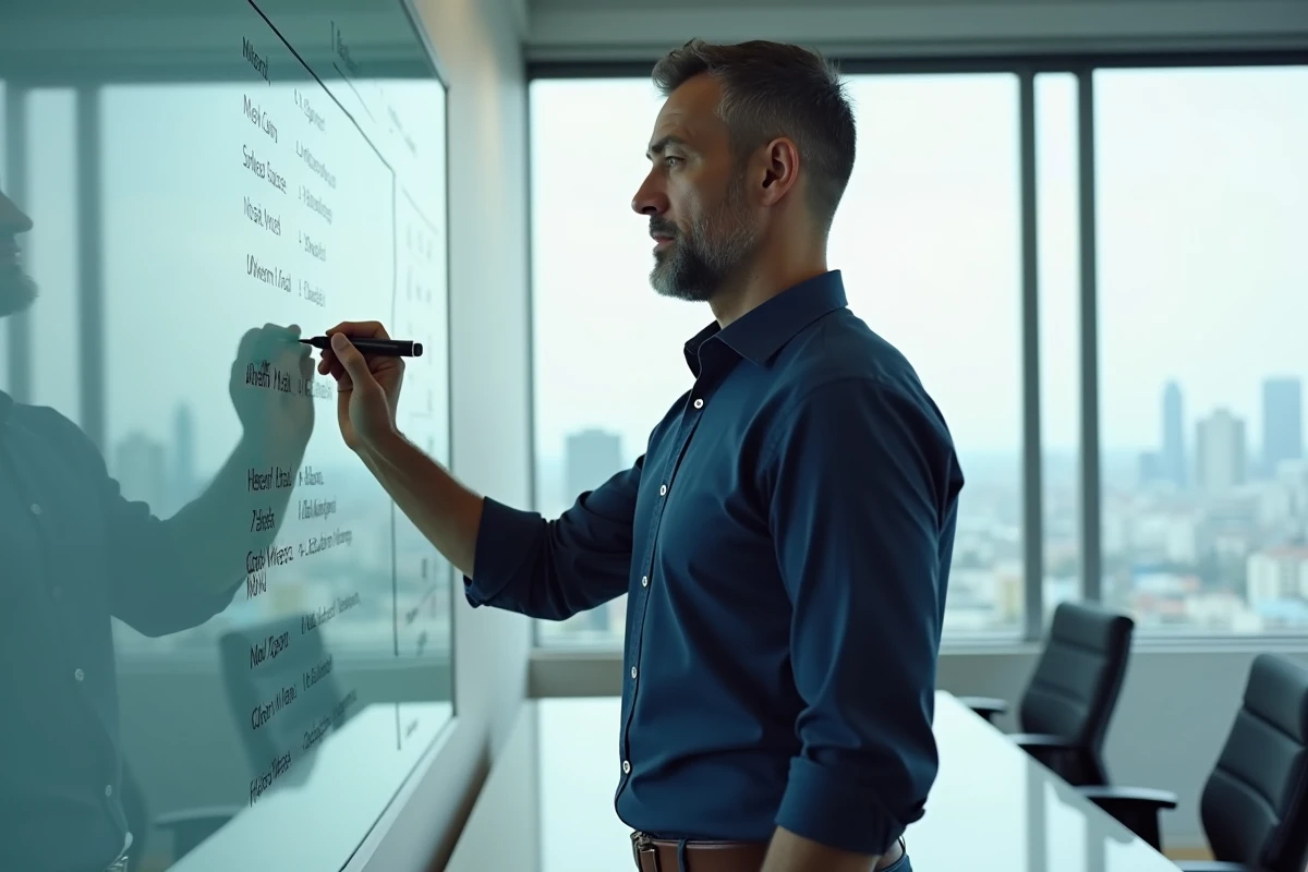 Homme d'affaires inscrivant le nombre de jours ouvrés par trimestre 2026 sur un tableau blanc en salle de réunion